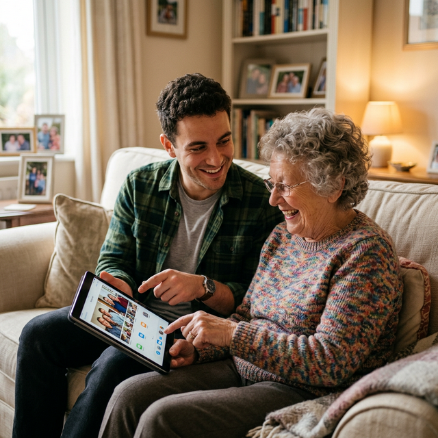 Vnuk nebo Vnučka trpělivě vysvětluje seniorovi práci na počítači a tabletu